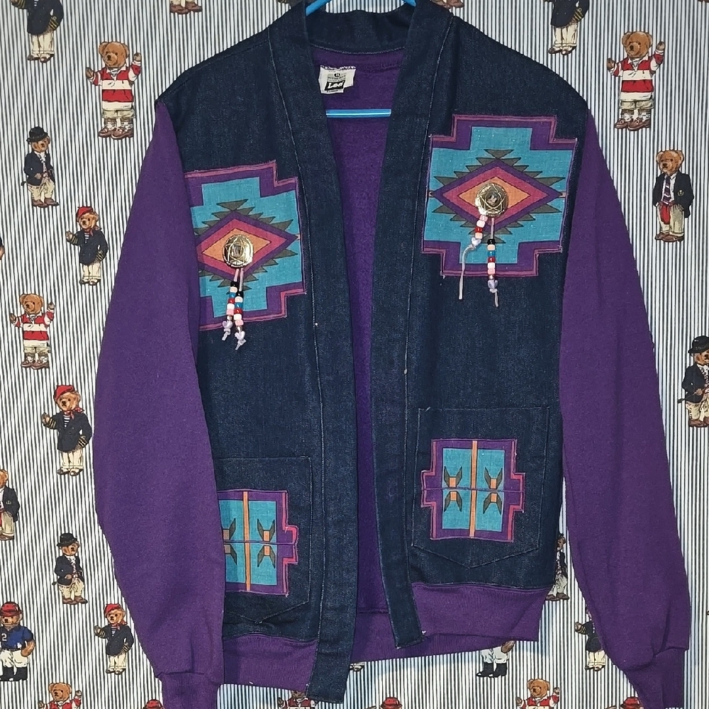 Vintage 80s 90s  Denim Aztec Beaded Cardigan Made in USA Size Xl purple